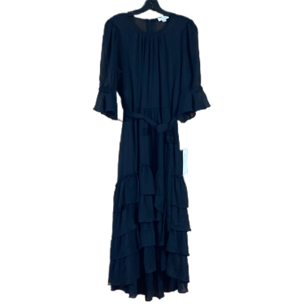 NWT Calvin Klein 3/4 Sleeve Tiered Ruffle Tie Front Dress SemiSheer Black Size 8